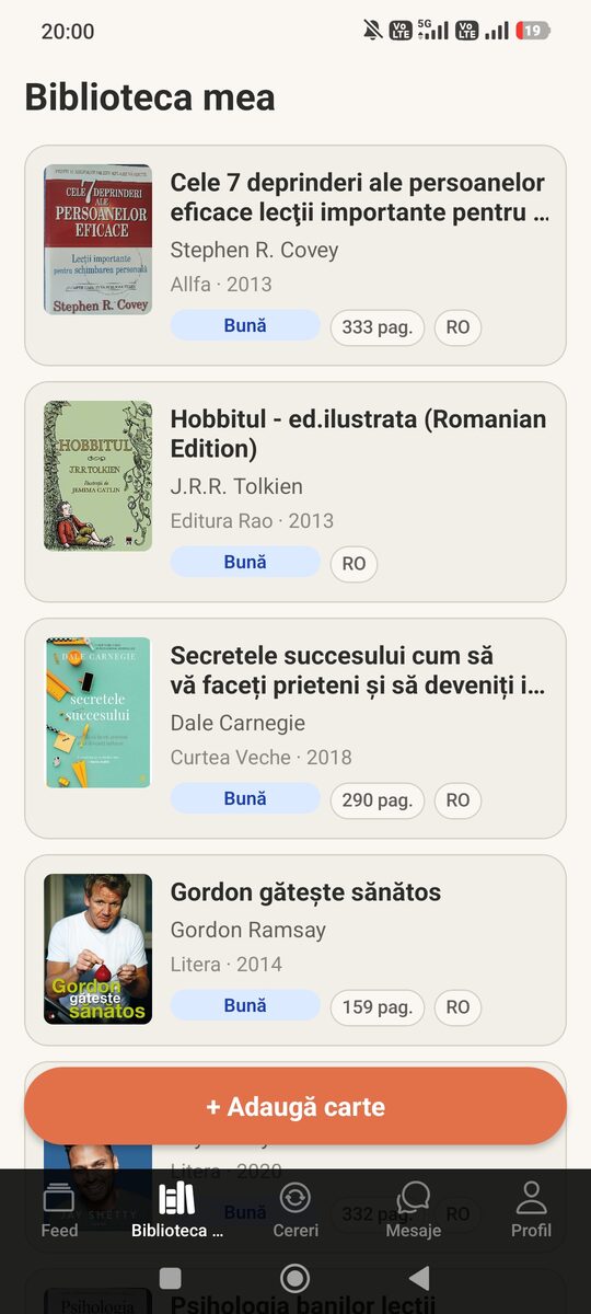 Biblioteca mea: lista de cărți adăugate, cu autor, editură și stare