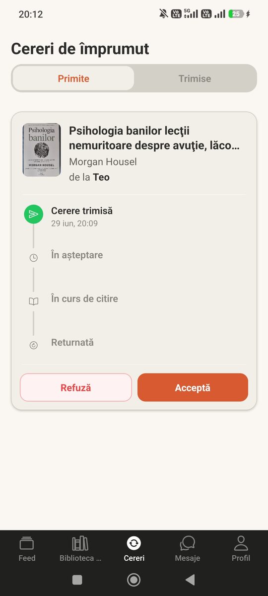 Cerere de împrumut primită, cu opțiunile Acceptă și Refuză